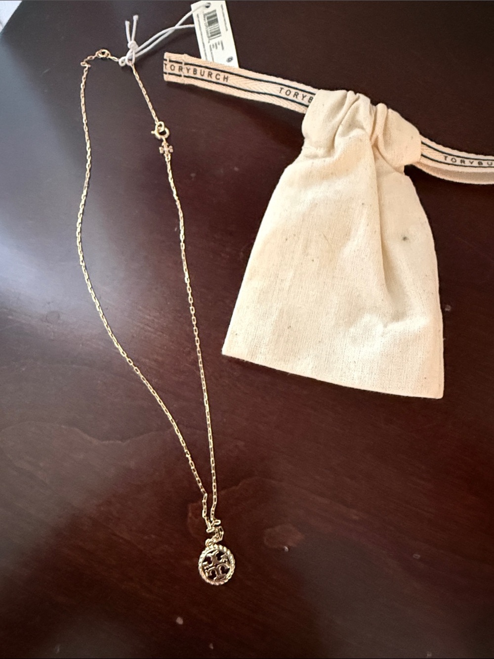 Tory Burch Gold Logo Medallion Necklace with Canvas Pouch
